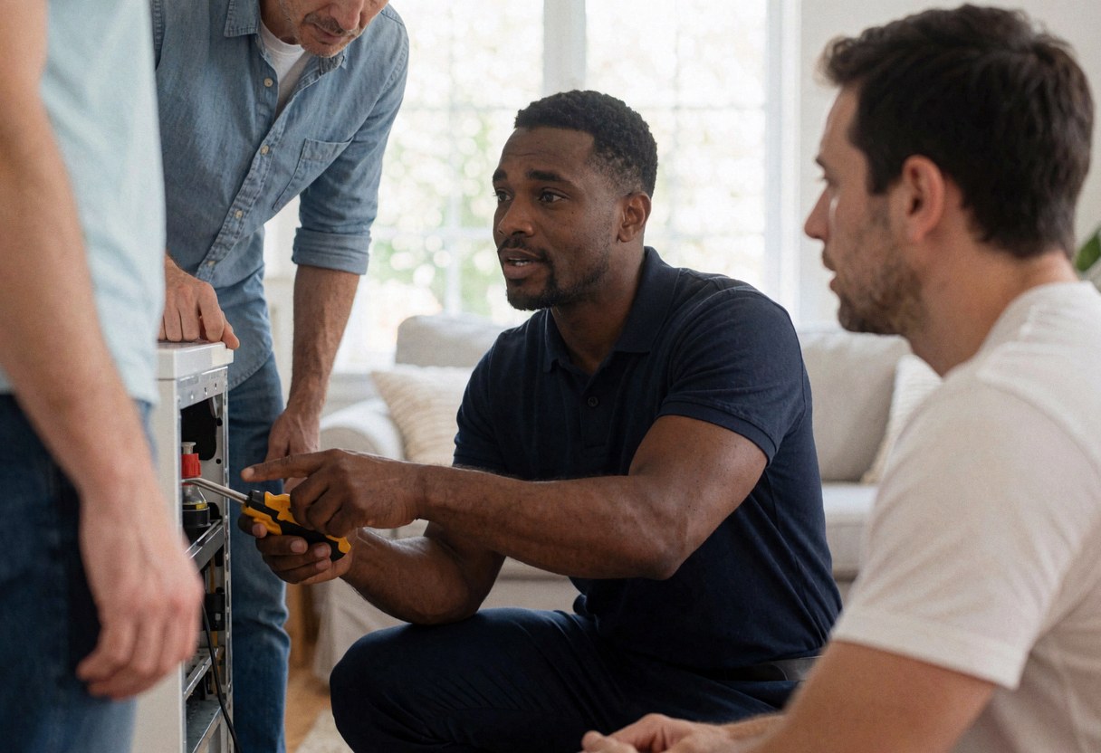 Un technicien en train d'expliquer les détails d'une réparation effectuée au sein d'un logement.