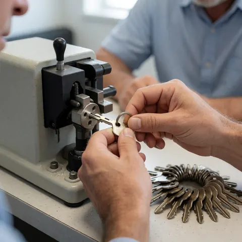 Des mains manipulant une clé sur une machine de duplication, avec un trousseau de clés neuves à côté dans un atelier.