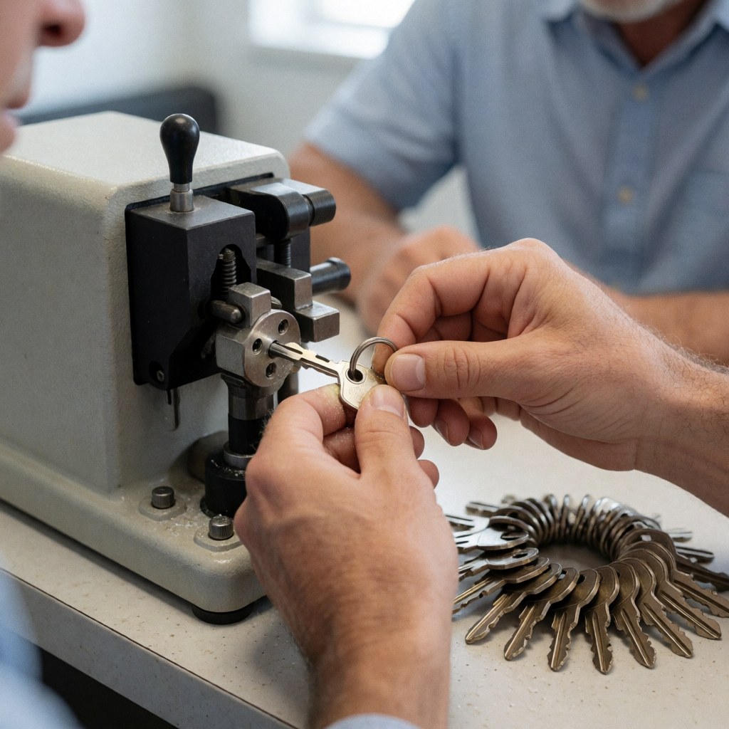 Des mains manipulant une clé sur une machine de duplication, avec un trousseau de clés neuves à côté dans un atelier.