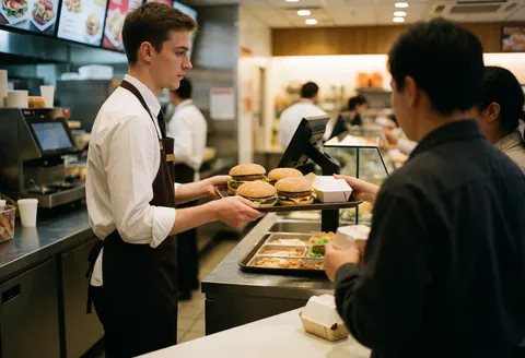 Un serveur remet des hamburgers à un client dans un restaurant de restauration rapide, avec une caisse enregistreuse et des frites en arrière-plan.