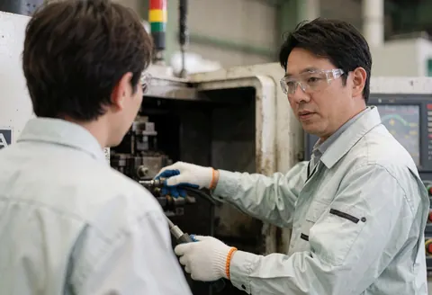 Un technicien industriel explique le fonctionnement d'une machine à un client dans une usine, tous deux portant des gants et des lunettes de sécurité.