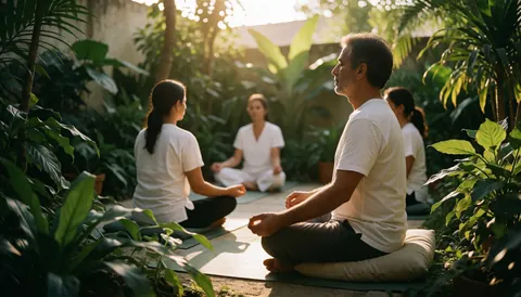 Groupe de personnes pratiquant le yoga dans un jardin tropical verdoyant, éclairé par une lumière solaire chaude et apaisante.