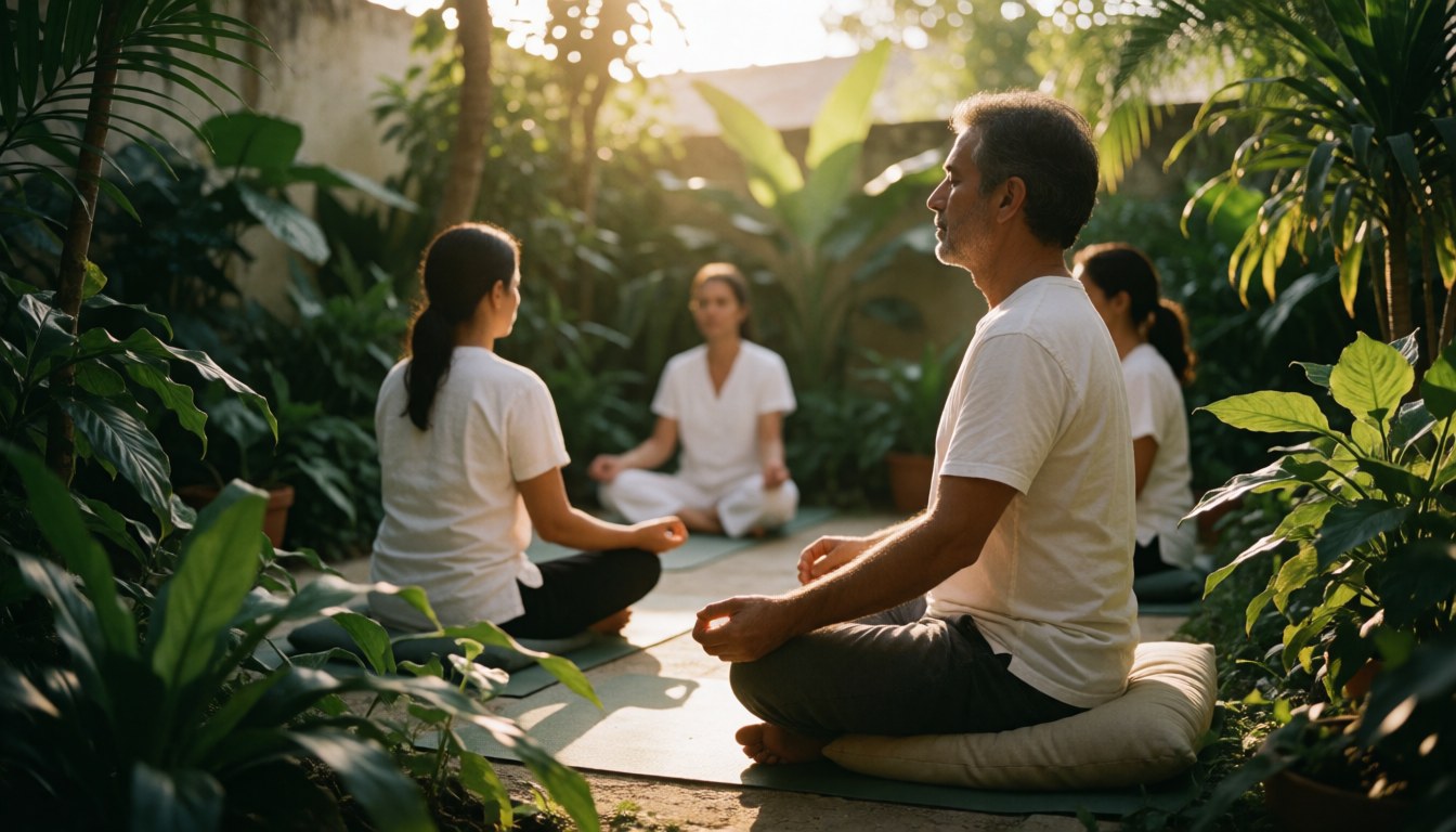 Groupe de personnes pratiquant le yoga dans un jardin tropical verdoyant, éclairé par une lumière solaire chaude et apaisante.