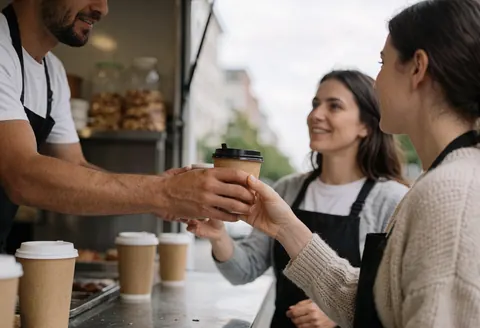 Un cuisinier remet une tasse de café à une cliente par la fenêtre d'un camion de restauration. Une autre personne sourit en arrière-plan, dans une rue en journée.