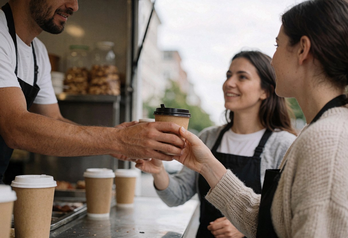 Un cuisinier remet une tasse de café à une cliente par la fenêtre d'un camion de restauration. Une autre personne sourit en arrière-plan, dans une rue en journée.