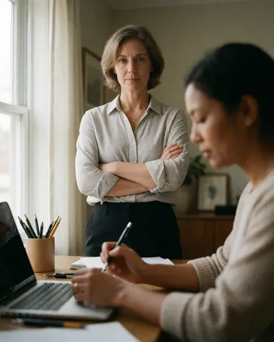 Une manager observe une personne écrivant dans un cahon sur un bureau avec ordinateur et stylos, près d'une fenêtre.