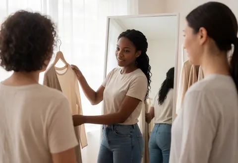 Une styliste accompagne une cliente pour sélectionner un vêtement. La cliente observe sa tenue dans un miroir au sein d'une boutique bien éclairée.