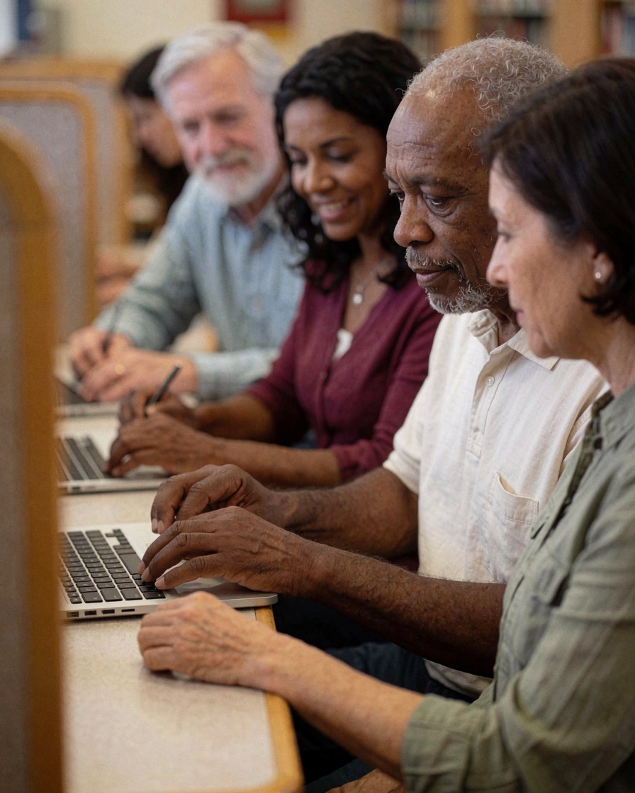 Groupe de seniors concentrés sur leurs ordinateurs portables dans une bibliothèque calme, illustrant l'apprentissage et la formation continue.