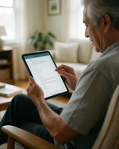 Un homme senior utilise une tablette sur une chaise dans un salon lumineux, montrant satisfaction et concentration au quotidien.