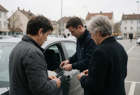 Un instructeur guide un élève pour se garer dans un grand parking urbain sous un ciel nuageux, avec une voiture et des outils visibles.
