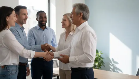Un coach et plusieurs clients échangent une poignée de main lors d'une réunion professionnelle dans un bureau moderne éclairé par la lumière naturelle.