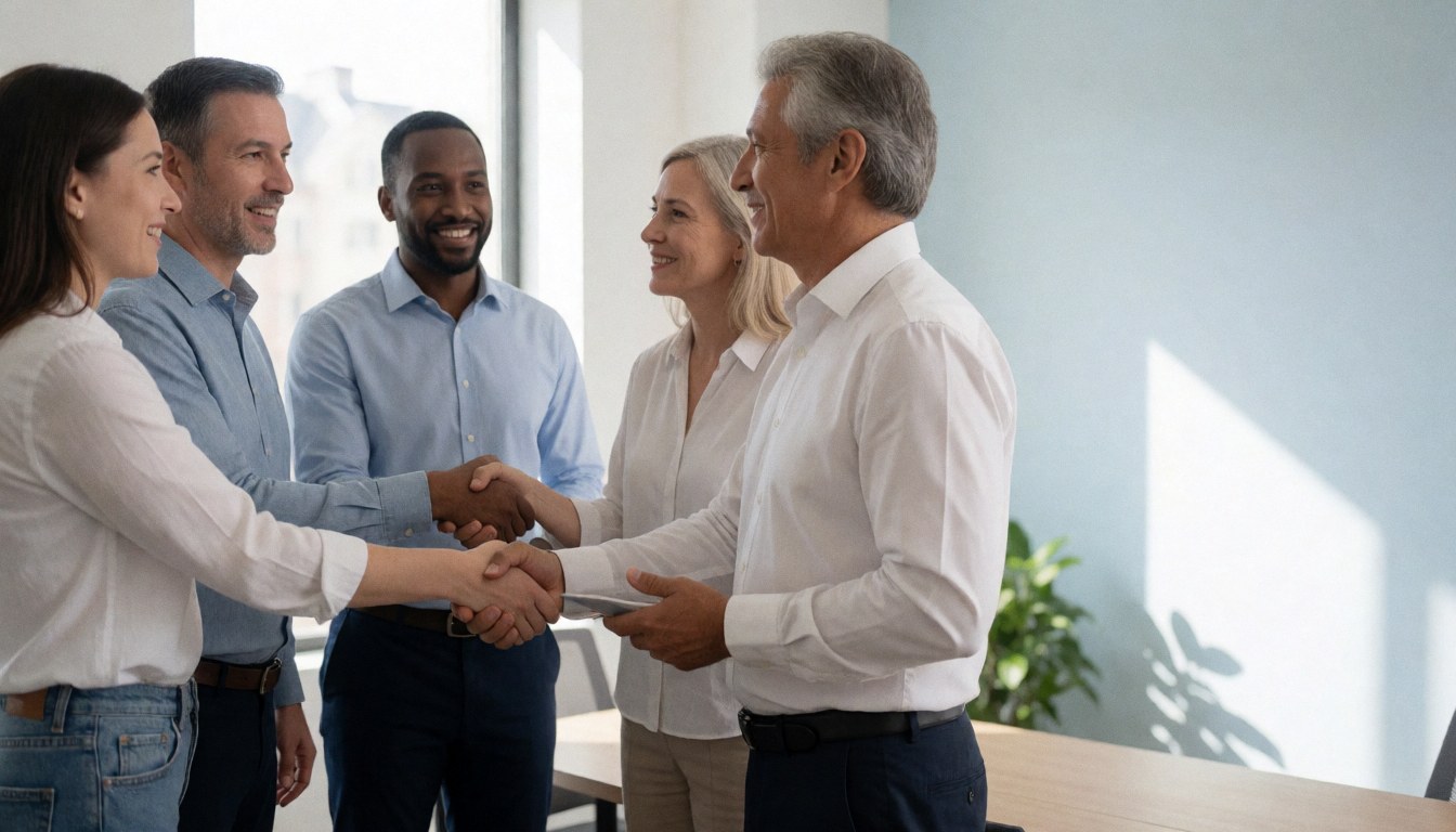 Un coach et plusieurs clients échangent une poignée de main lors d'une réunion professionnelle dans un bureau moderne éclairé par la lumière naturelle.