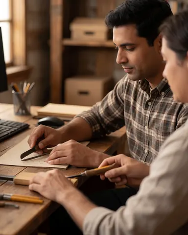 Un agriculteur est assis à une table en bois dans un bureau rustique, entouré d'outils et d'équipements numériques.