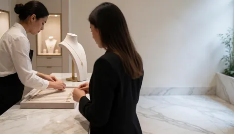 Une vendeuse accompagne une cliente qui choisit des colliers dans une bijouterie élégante au sol en marbre et à l'éclairage doux.