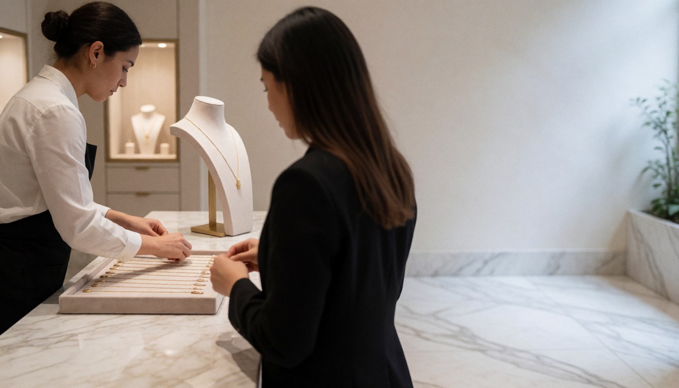 Une vendeuse accompagne une cliente qui choisit des colliers dans une bijouterie élégante au sol en marbre et à l'éclairage doux.