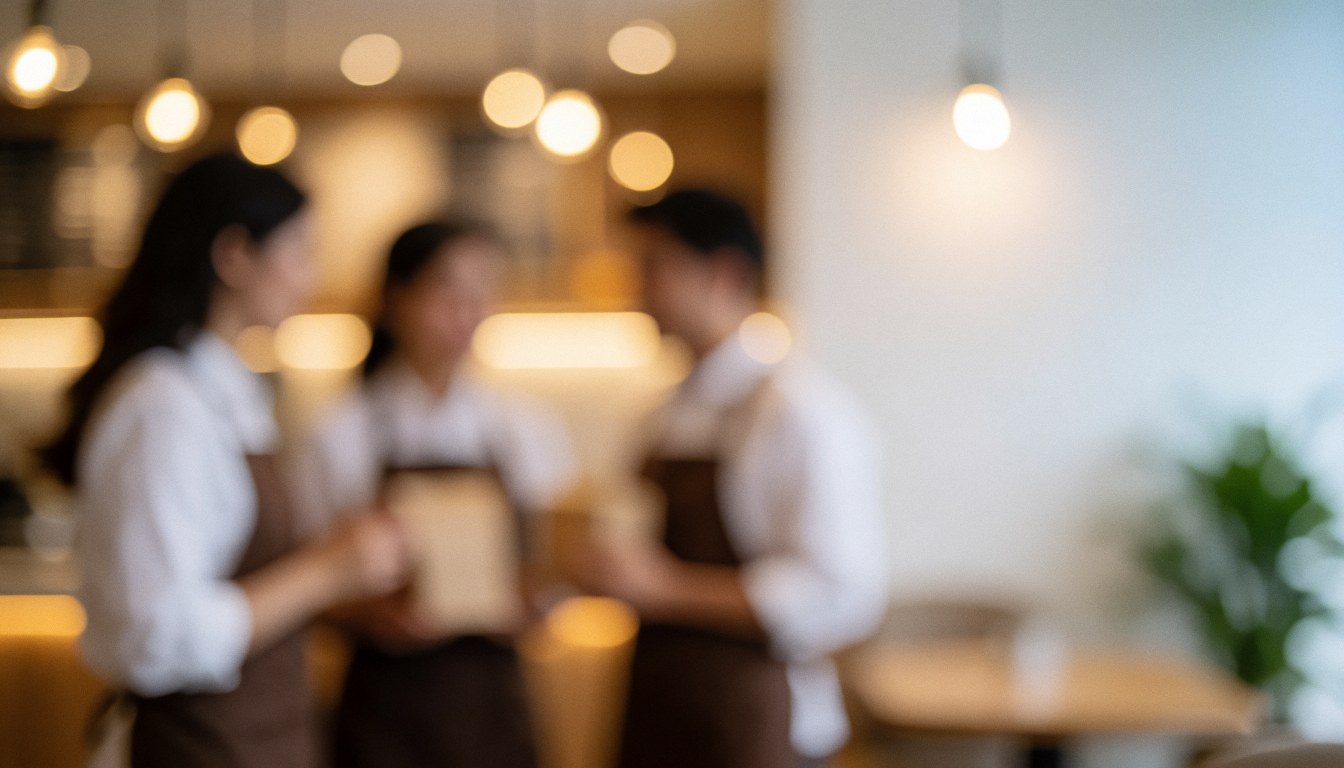 Arrière-plan flou aux tons chauds créant une ambiance invitante, idéal comme espace vide pour texte dans un contexte de café.