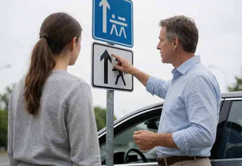 Instructeur d'auto-école expliquant un panneau de circulation à une jeune étudiante, debout près d'une voiture sous un ciel nuageux.
