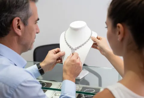 Un bijoutier et une cliente inspectent un collier de diamants posé sur un mannequin dans une vitrine de bijouterie.