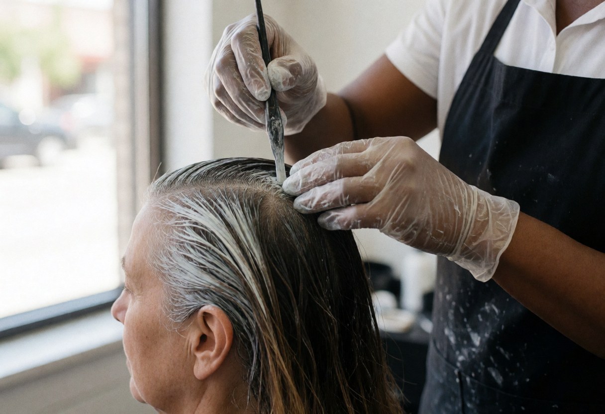 Un coiffeur portant des gants applique de la couleur sur les racines des cheveux d'un client dans un salon éclairé par la lumière naturelle d'une fenêtre.