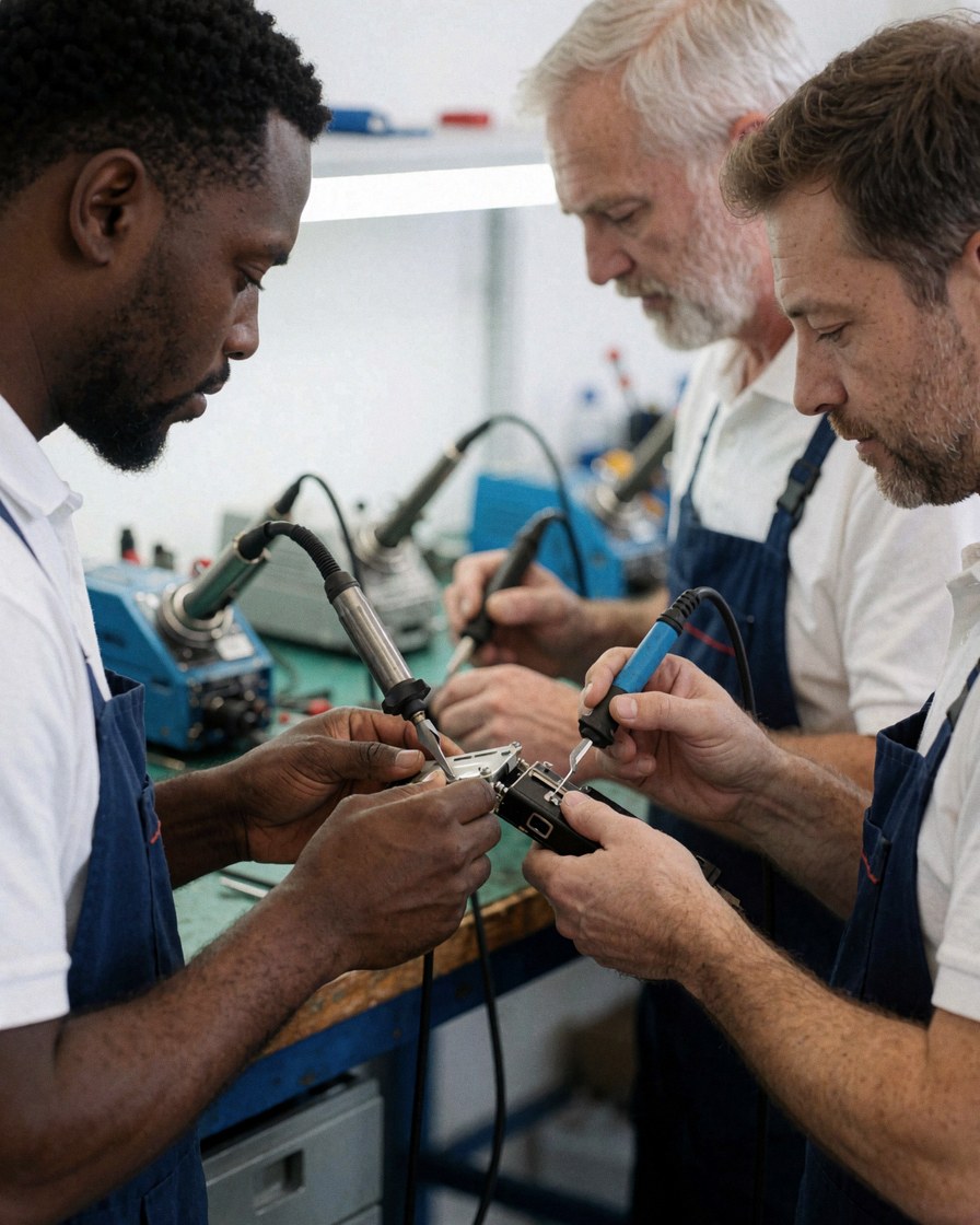 Trois techniciens travaillant ensemble pour réparer un dispositif électronique avec des outils de précision dans un atelier bien éclairé.