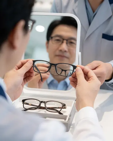 Un client essaie une paire de lunettes devant un miroir avec l'aide d'un opticien qui lui propose une autre option dans un environnement professionnel.
