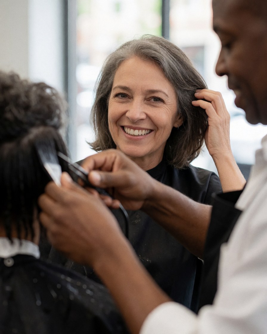 Un coiffeur professionnel utilise des ciseaux et une peigne pour couper les cheveux d'une cliente souriante dans un salon moderne éclairé par la lumière naturelle.