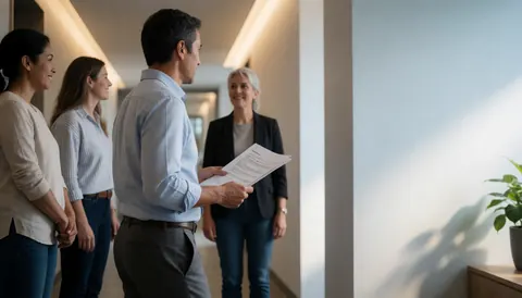 Un directeur des ressources humaines avance dans un couloir moderne avec des documents, observé par trois collègues sous une lumière naturelle professionnelle.