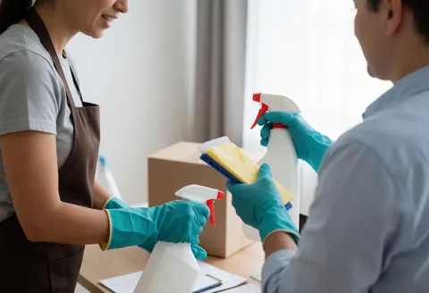 Une femme en tenue de nettoyage avec gants et éponge explique des protocoles de désinfection à un client dans un bureau.