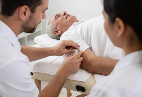 Un professionnel de la santé effectue une manipulation manuelle sur un patient allongé sur une table de traitement dans un cadre clinique.