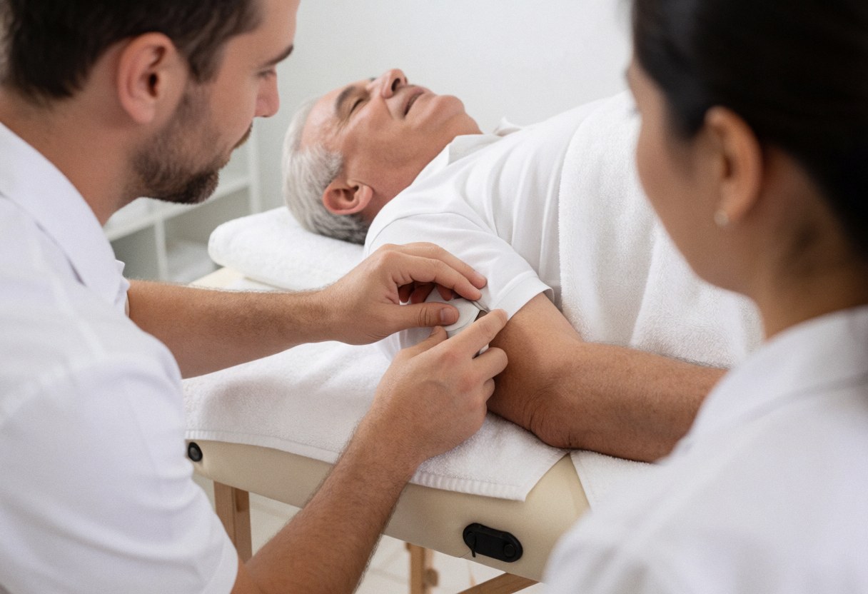 Un professionnel de la santé effectue une manipulation manuelle sur un patient allongé sur une table de traitement dans un cadre clinique.