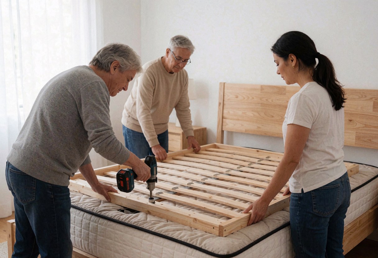 Trois individus montent un lit en bois dans une pièce ; l'un utilise une perceuse, un autre tient la structure et le troisième ajuste les composants.