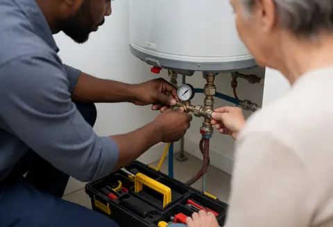 Un technicien en train de réparer un chauffe-eau avec des outils et une boîte à outils.