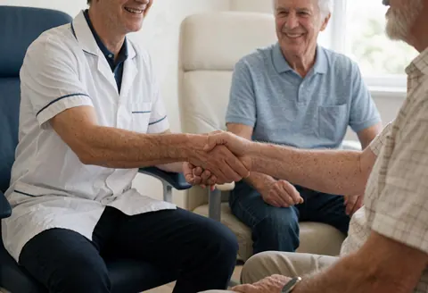 Un professionnel effectue un prélèvement sanguin sur un patient assis dans un environnement médical.