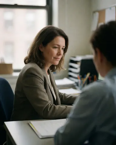 Une gestionnaire de sécurité travaille à son bureau, assise devant un ordinateur avec des documents, baignée par la lumière naturelle d'une fenêtre dans un environnement professionnel calme.