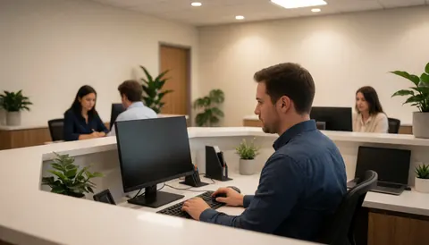 Intérieur d'une agence d'assurance contemporaine avec réception lumineuse, collaborateurs utilisant des ordinateurs, plantes vertes et ambiance professionnelle calme.