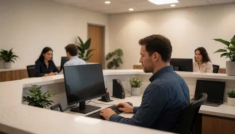 Intérieur d'une agence d'assurance contemporaine avec réception lumineuse, collaborateurs utilisant des ordinateurs, plantes vertes et ambiance professionnelle calme.