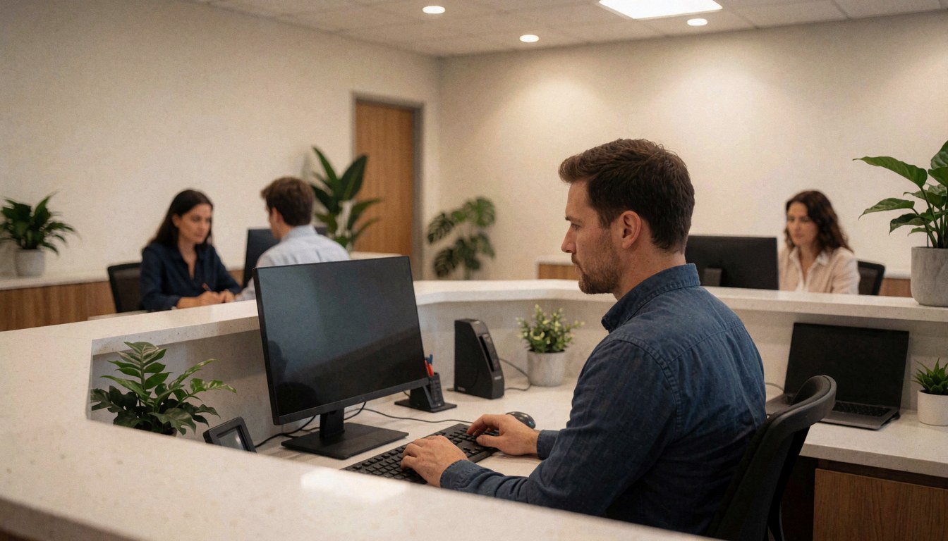 Intérieur d'une agence d'assurance contemporaine avec réception lumineuse, collaborateurs utilisant des ordinateurs, plantes vertes et ambiance professionnelle calme.