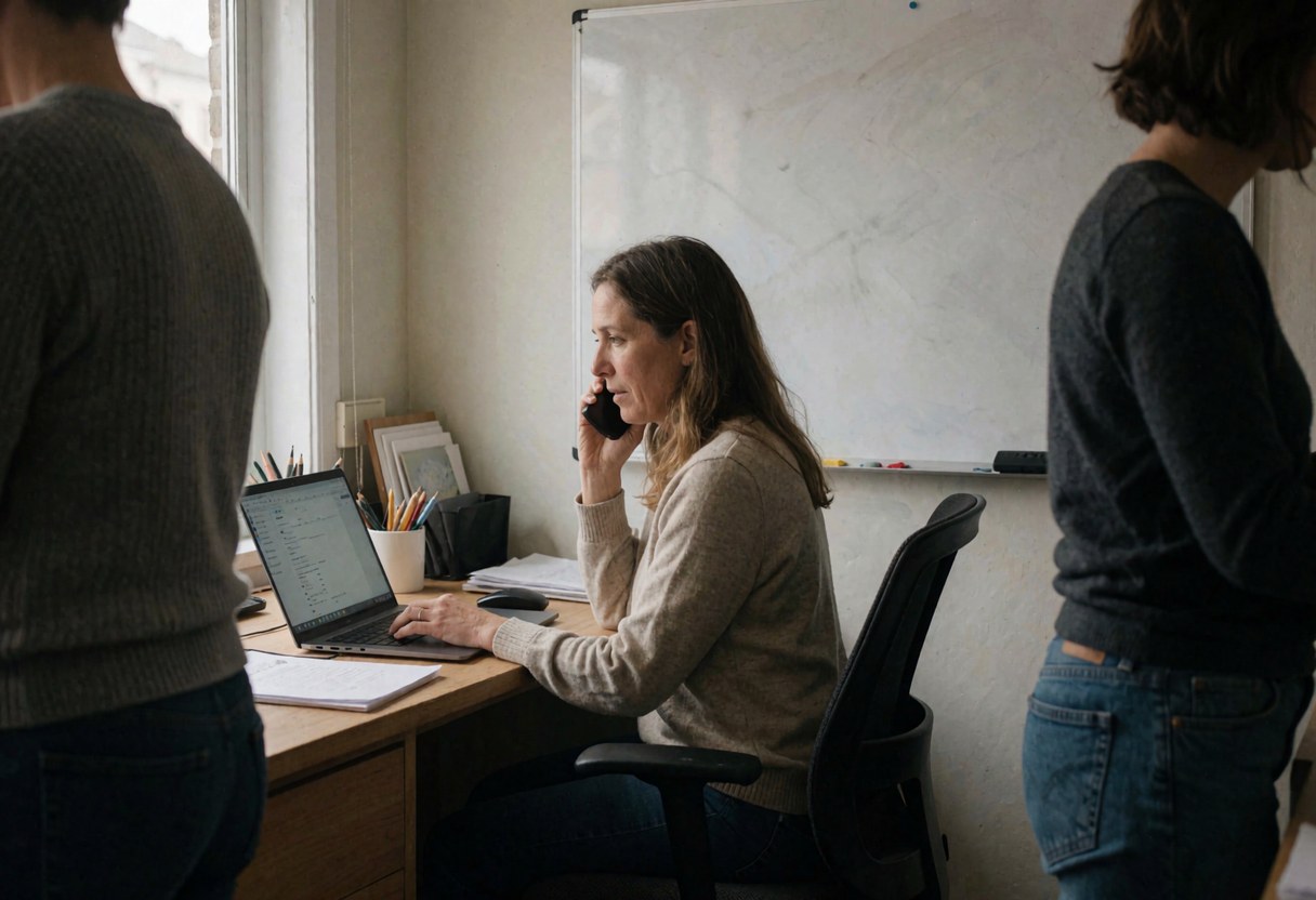 Une femme souriante répond à un appel téléphonique tout en travaillant sur son ordinateur portable, entourée de collègues dans un environnement de bureau professionnel et naturel.