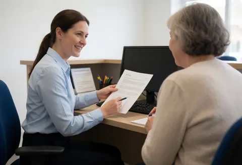 Une réceptionniste explique un document à une cliente assise dans un bureau bien éclairé, tous deux souriants dans un cadre professionnel.