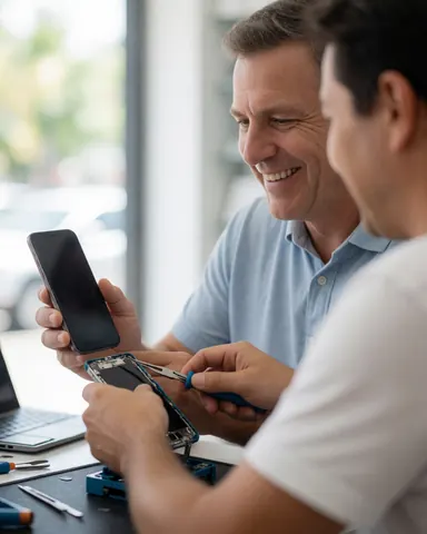 Un client souriant regarde son téléphone portable réparé par un technicien dans un atelier équipé d'outils sur une table.