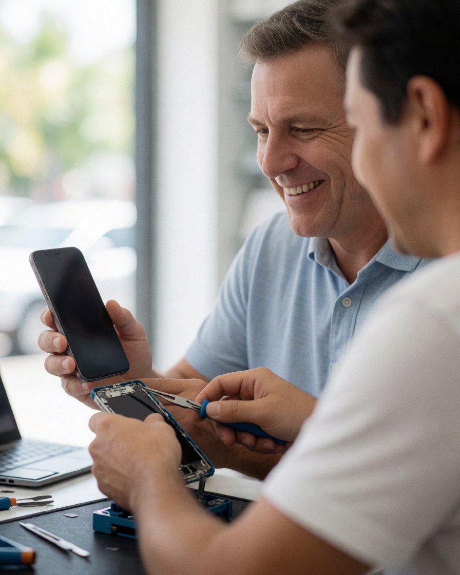 Un client souriant regarde son téléphone portable réparé par un technicien dans un atelier équipé d'outils sur une table.