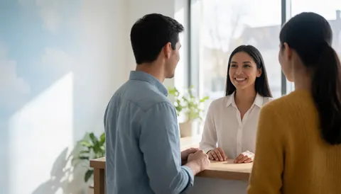 Une réception moderne où une femme sourit derrière le comptoir tandis que deux clients discutent, baignée de lumière naturelle et entourée de plantes dans un cadre professionnel.