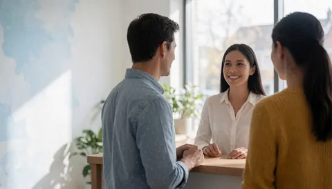 Une réception moderne où une femme sourit derrière le comptoir tandis que deux clients discutent, baignée de lumière naturelle et entourée de plantes dans un cadre professionnel.