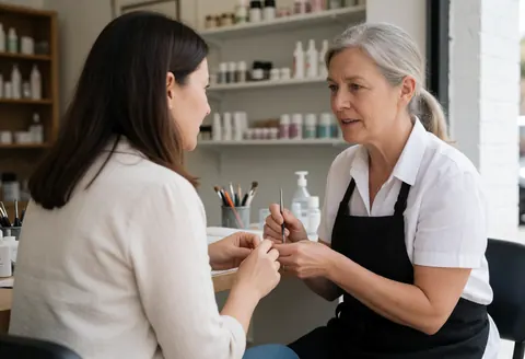 Une manuciste en tablier noir travaille sur les ongles d'une cliente dans un salon bien éclairé, avec des outils et produits visibles.