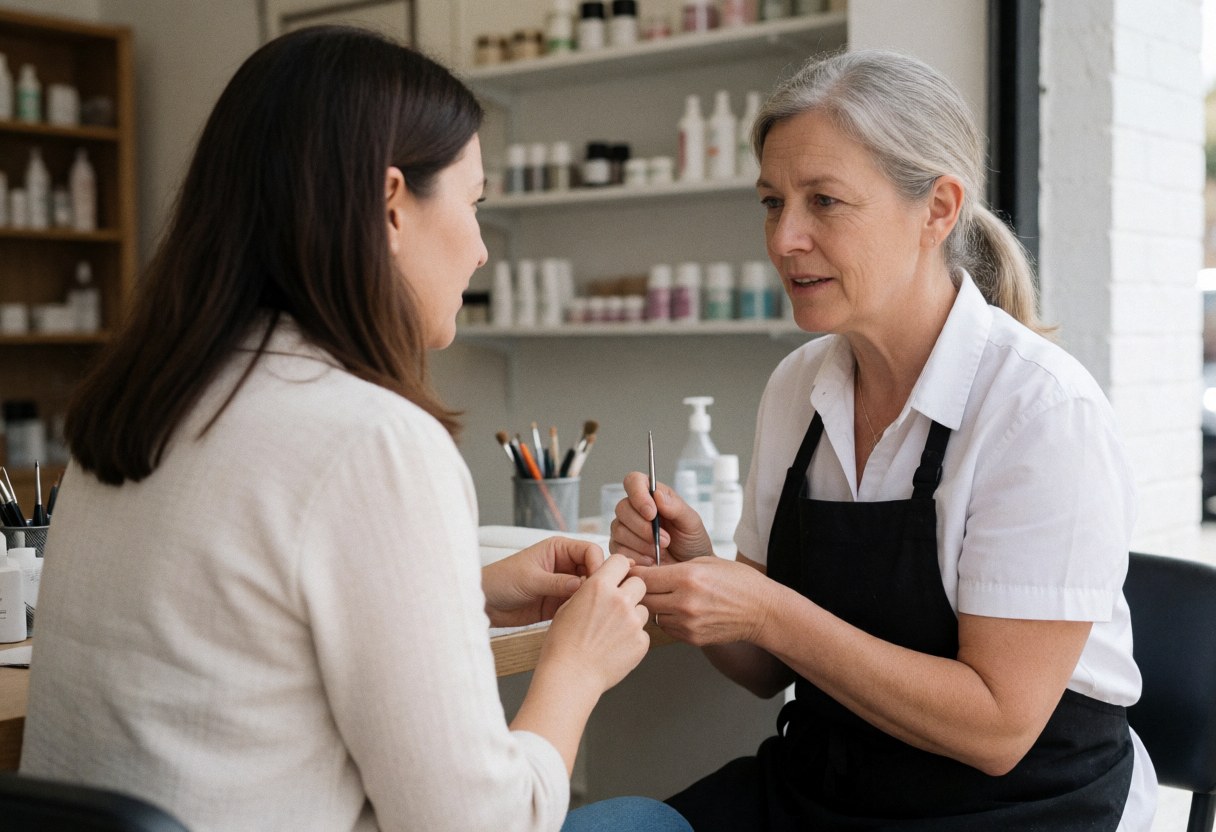 Une manuciste en tablier noir travaille sur les ongles d'une cliente dans un salon bien éclairé, avec des outils et produits visibles.