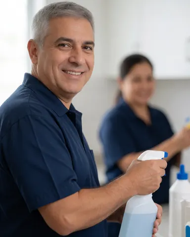 Homme souriant en uniforme bleu tenant un flacon pulvérisateur, portrait en gros plan avec un fond flou évoquant le service de nettoyage professionnel.