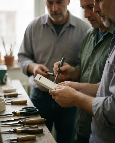 Des professionnels manipulent des outils à main sur du bois naturel dans un atelier bien éclairé par la lumière naturelle.