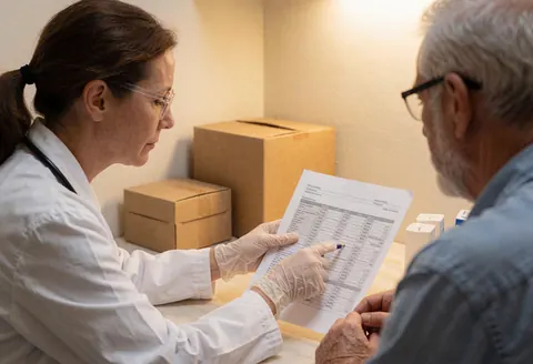 Une docteure portant des lunettes et des gants examine un document avec un patient âgé dans un cabinet médical calme et professionnel.