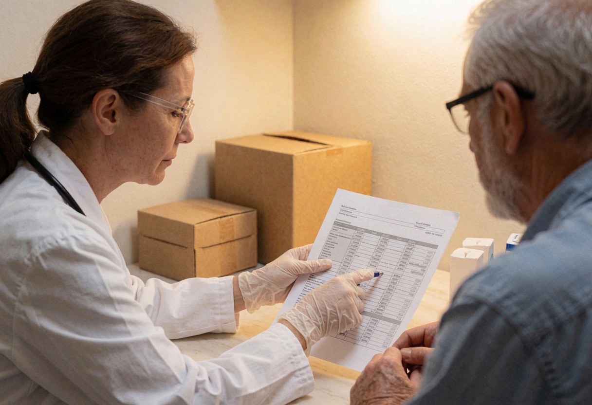 Une docteure portant des lunettes et des gants examine un document avec un patient âgé dans un cabinet médical calme et professionnel.