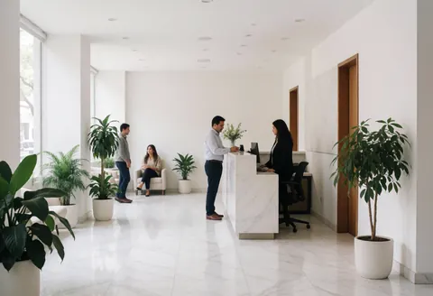Intérieur d'une réception de cabinet d'avocats avec une recepcionniste accueillant un client, des plantes vertes, un sol en marbre blanc et une ambiance professionnelle.